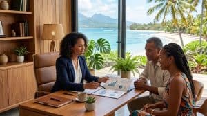 Conseillère financière présentant graphiques à couple face mer