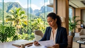 Femme d'affaires examinant documents devant paysage tropical