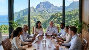 Réunion d’équipe avec vue sur montagnes verdoyantes