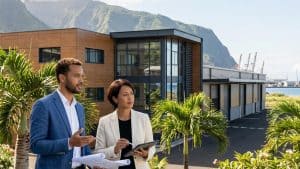 Deux professionnels devant bâtiment moderne et palmiers