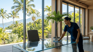 Femme nettoyant table en verre vue tropicale