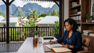 Femme travaillant face à des montagnes tropicales