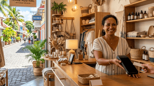 Vendeuse souriante dans une boutique artisanale à La Réunion