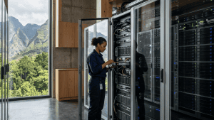 Technicienne travaillant sur serveurs dans data center
