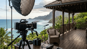 Caméra professionnelle sur terrasse face à l’océan