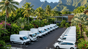 Flotte de fourgons blancs dans complexe tropical