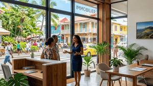 Agence immobilière tropicale avec agente et couple
