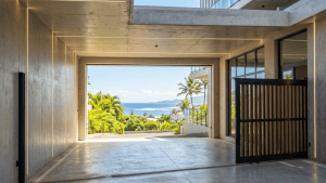 Garage moderne ouvert sur vue mer tropicale