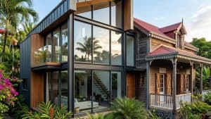 Extension moderne vitrée accolée à maison traditionnelle en bois