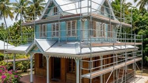 Maison en bois tropicale entourée d’échafaudages