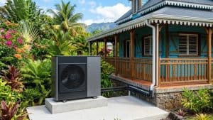 Pompe à chaleur devant maison tropicale colorée