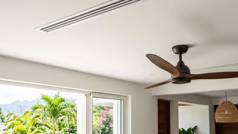 Salon moderne avec ventilateur et vue tropicale