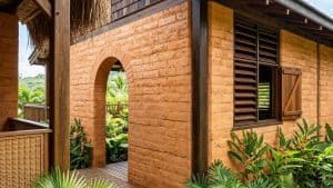 Maison en terre avec volets en bois