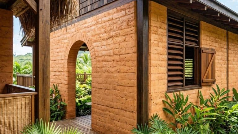 Maison en terre avec volets en bois