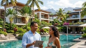 Couple devant piscine d’un complexe tropical luxueux