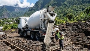 Camion toupie coulant béton sur chantier montagneux