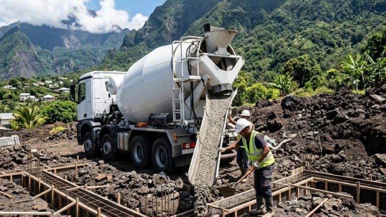 Camion toupie coulant béton sur chantier montagneux