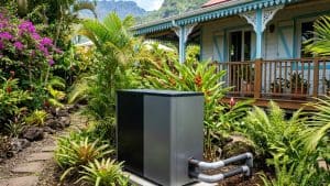 Pompe à chaleur moderne dans jardin tropical