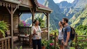 Accueil de voyageurs sur terrasse vue montagne