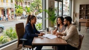 Conseillère discutant contrat avec couple en bureau lumineux