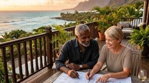 Couple signant des documents sur terrasse vue mer