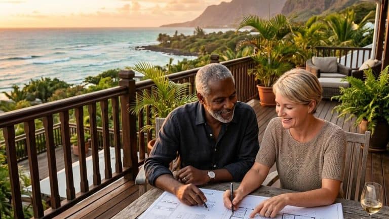 Couple signant des documents sur terrasse vue mer