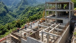 Chantier de construction sur montagne verdoyante