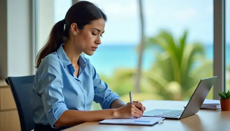 Une femme assise à un bureau lumineux devant une baie vitrée avec vue sur un paysage tropical, travaillant sur ses comptes et documents financiers à l'aide d'une calculatrice.